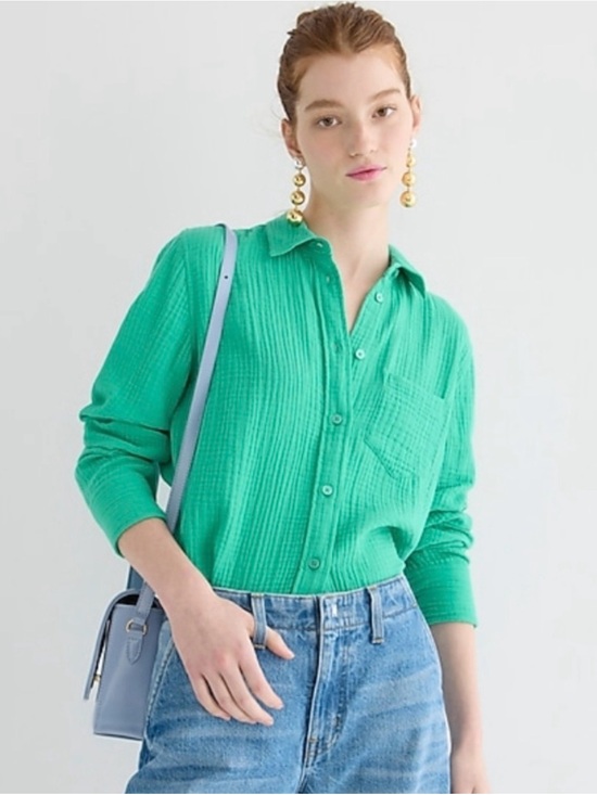 J. Crew Tops - J. Crew Vibrant Green Button-Front Textured Shirt